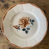 Set of 3 vintage Digoin pink plates, blue & brown stencil pattern