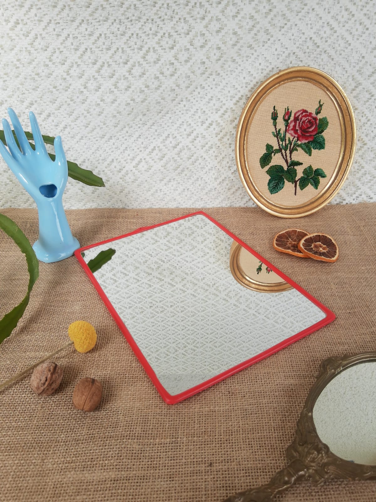Large mirror to hang plastic red vintage barber style
