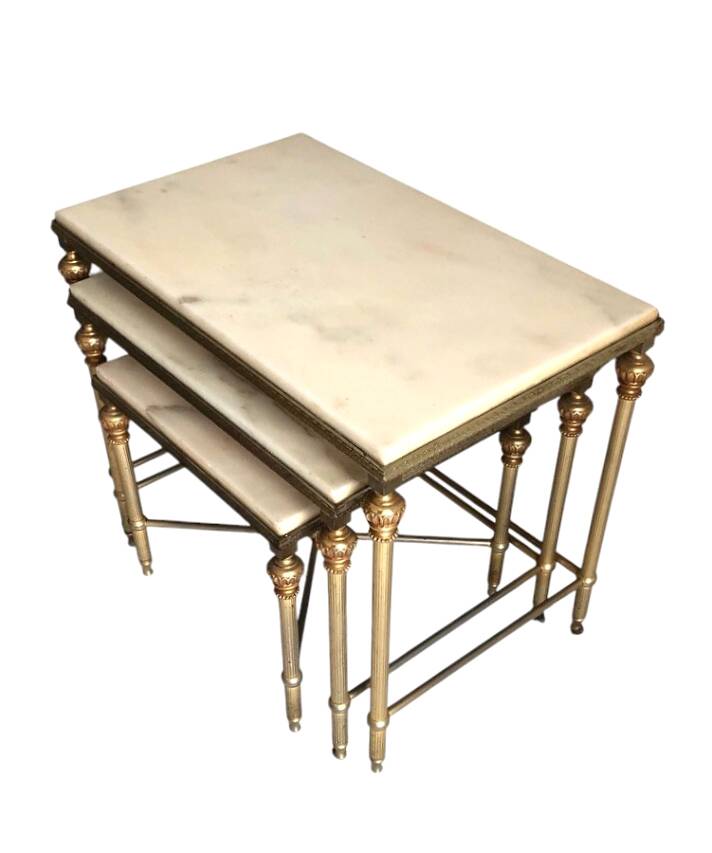 3 brass and marble nesting tables 1950
