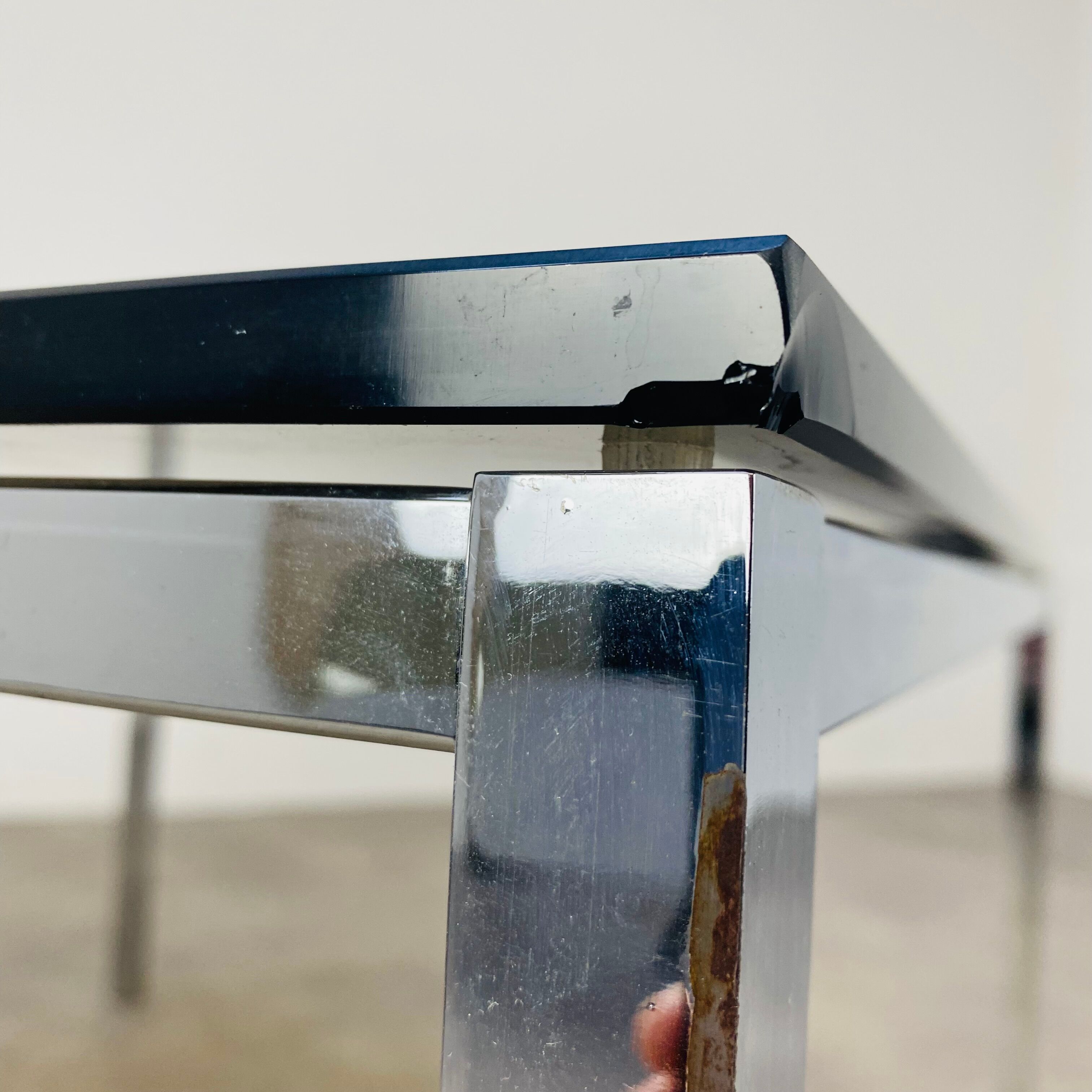 Square coffee table chrome and smoked glass 70s