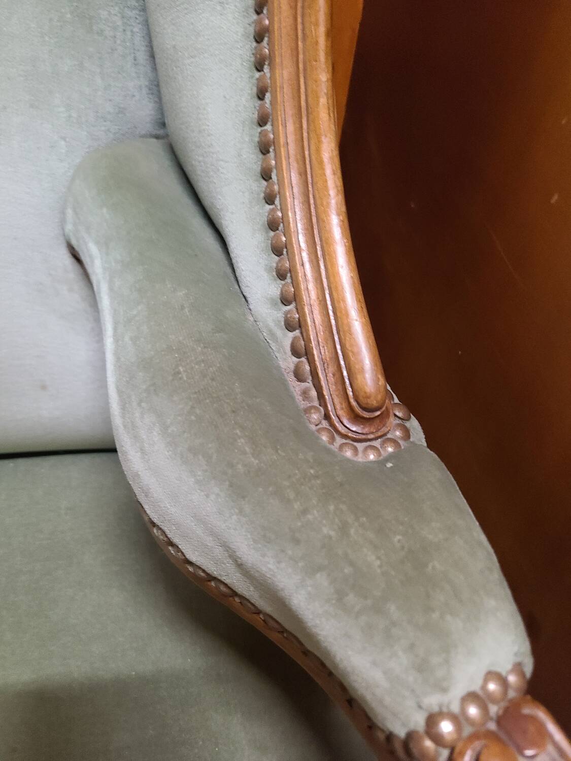 Vintage Louis XV style wing chair, light green velvet