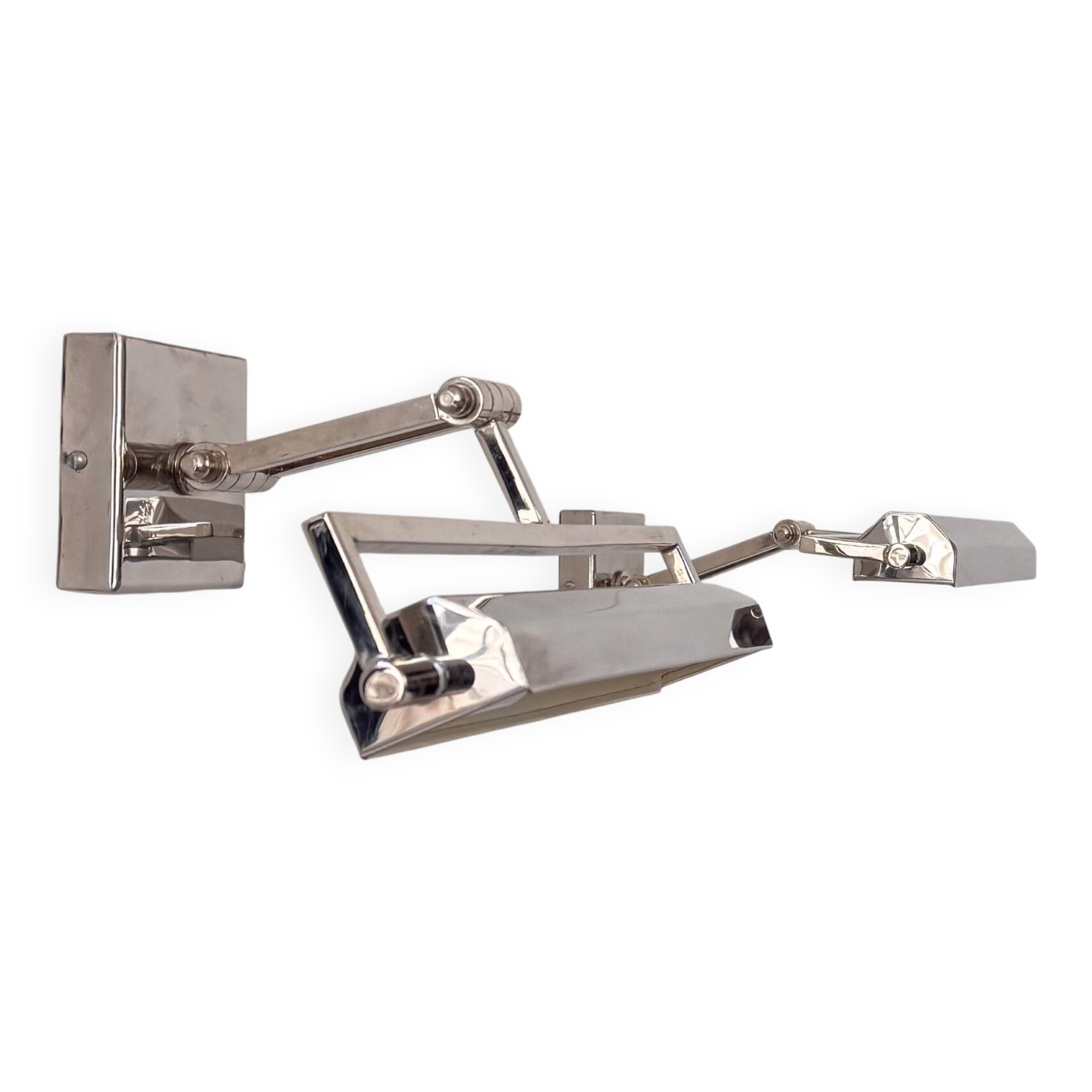 Pair of vintage geometric adjustable wall lights in chrome metal, France 70s.