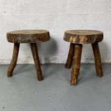 Pair of tripod stools in raw wood