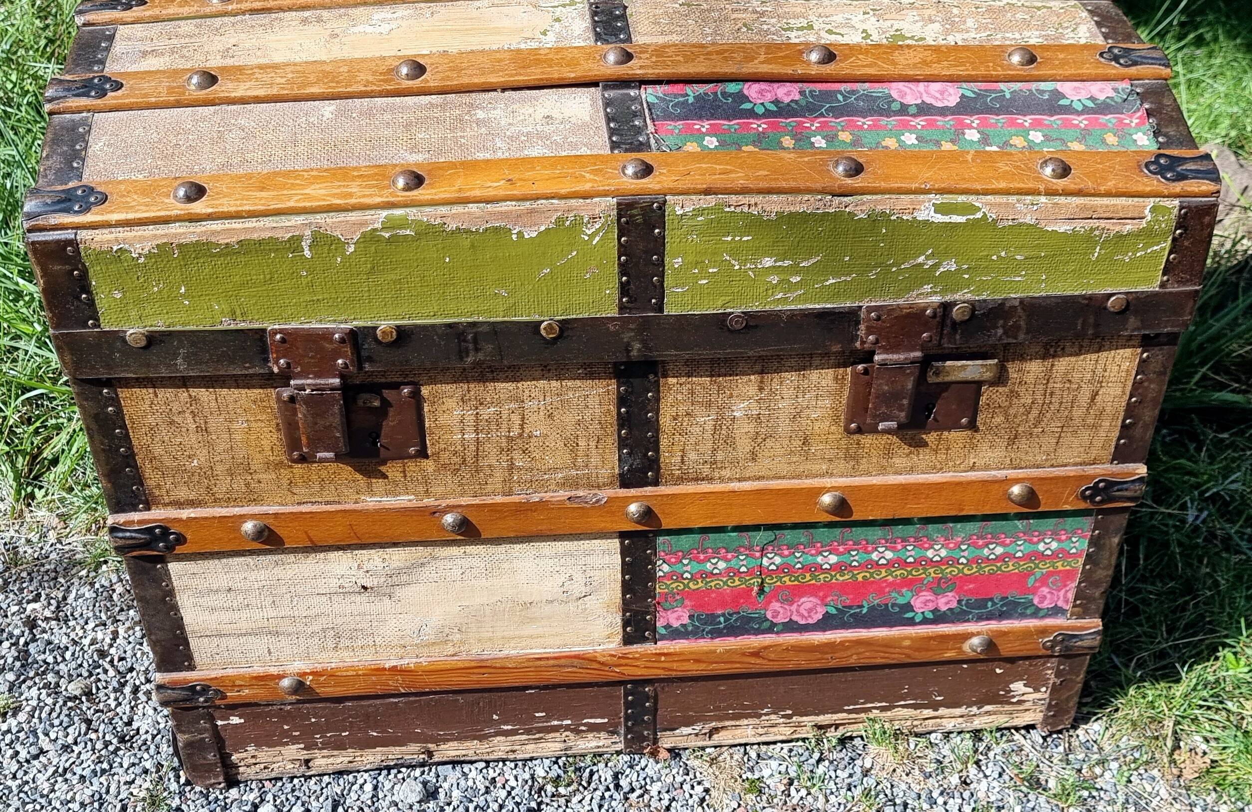 Wooden trunk vintage patchwork decor