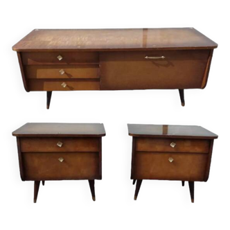 Petite enfilade vintage + 2 table de chevet - bois pied compas