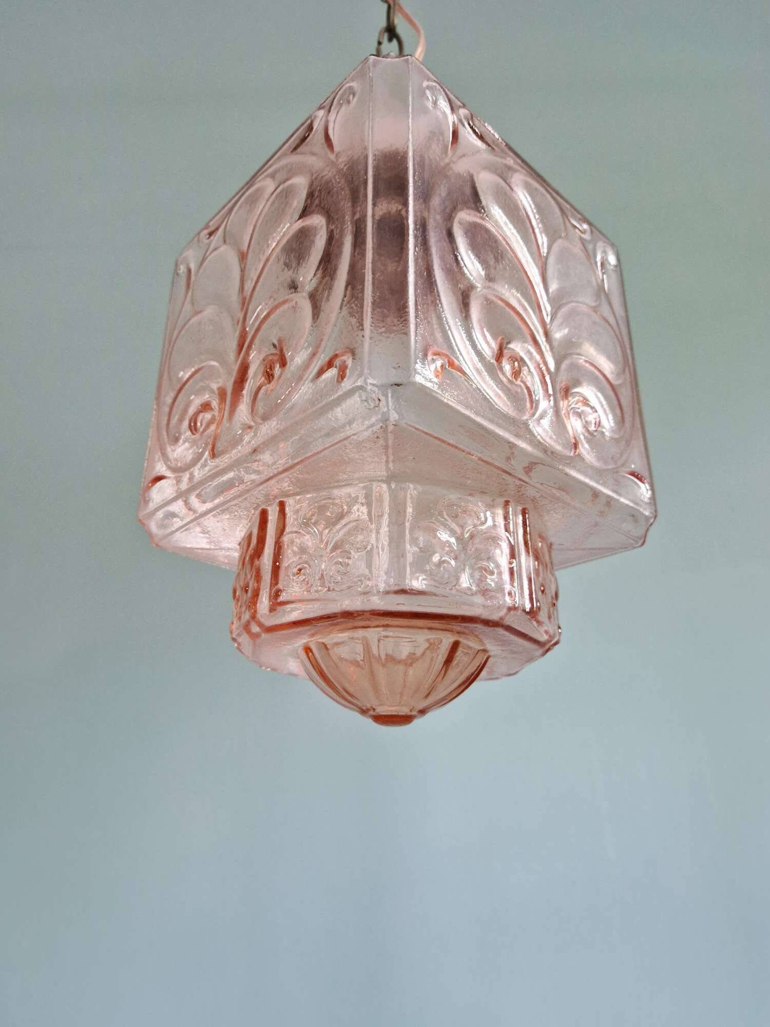 Art Deco pendant light in pale pink glass, 1920s-30s