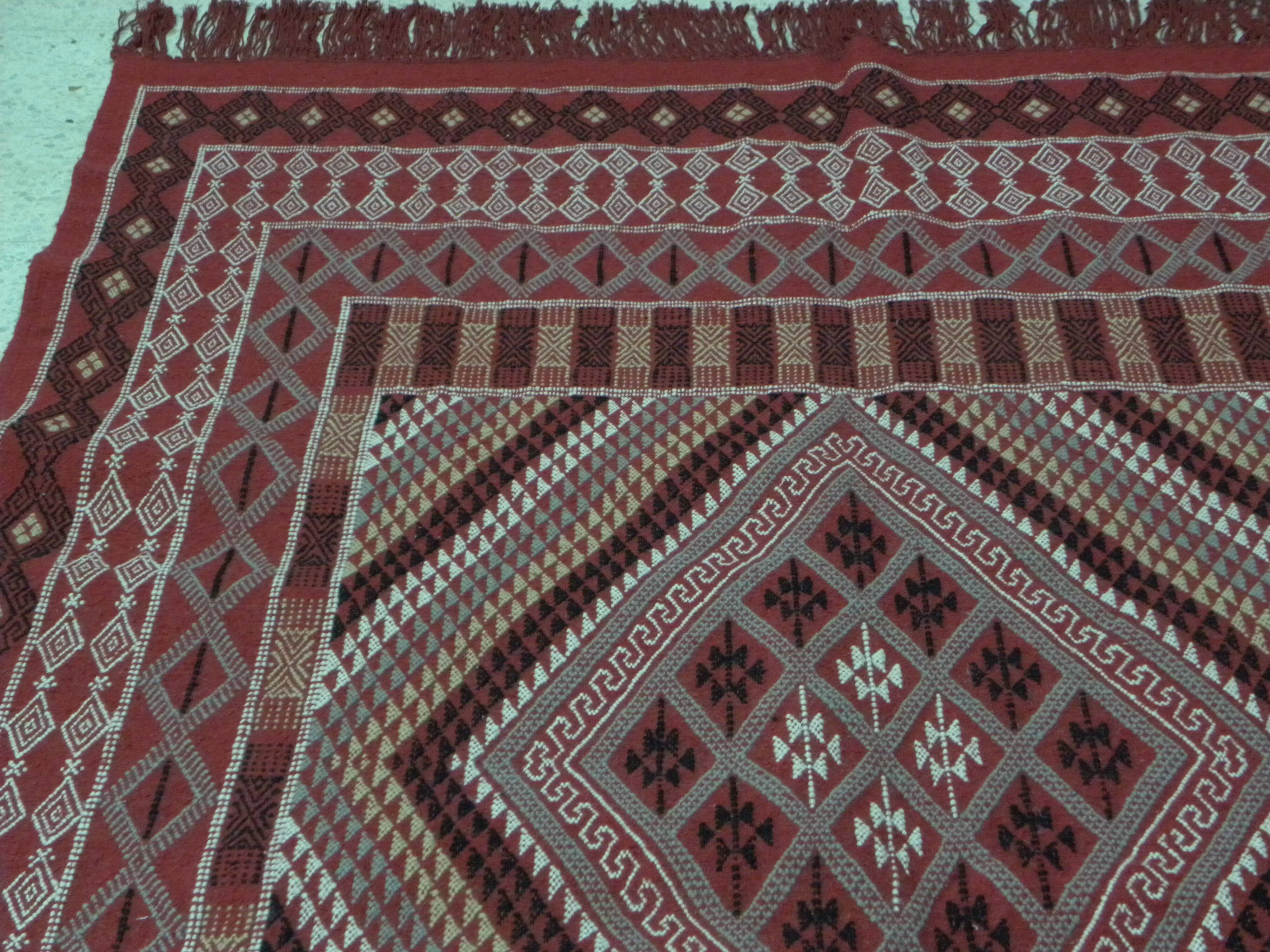 Hand-knotted Red Tunisian Ethnic Berber Wool Rug Margoum