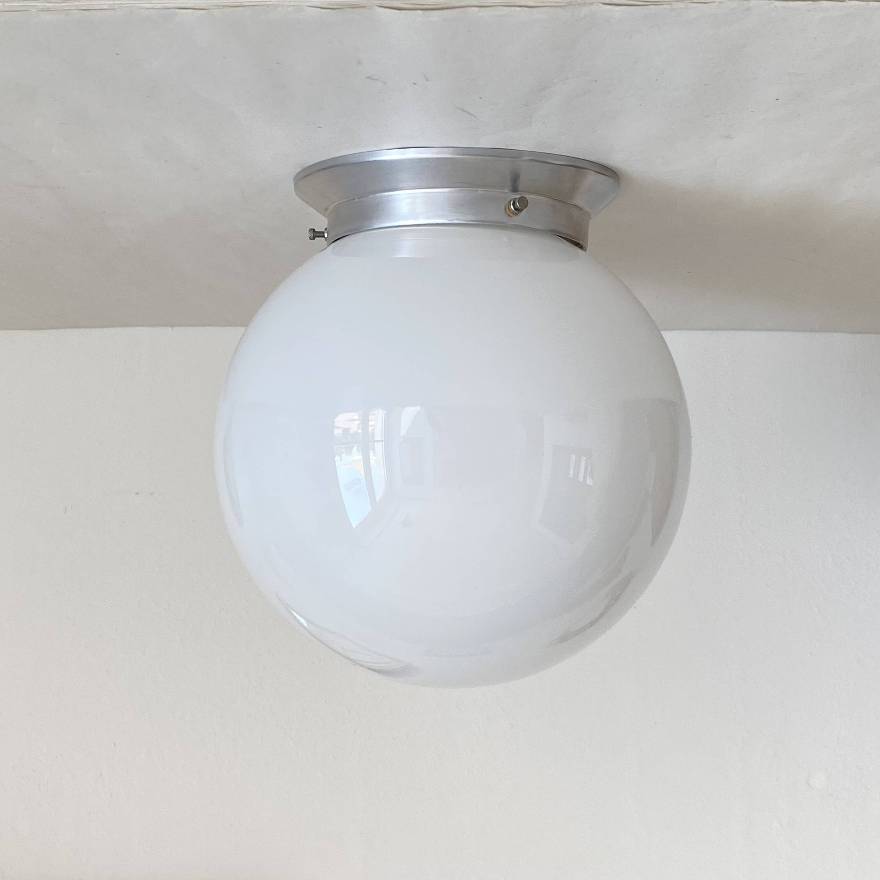 White opaline glass globe ceiling light, wall light, aluminum mounting