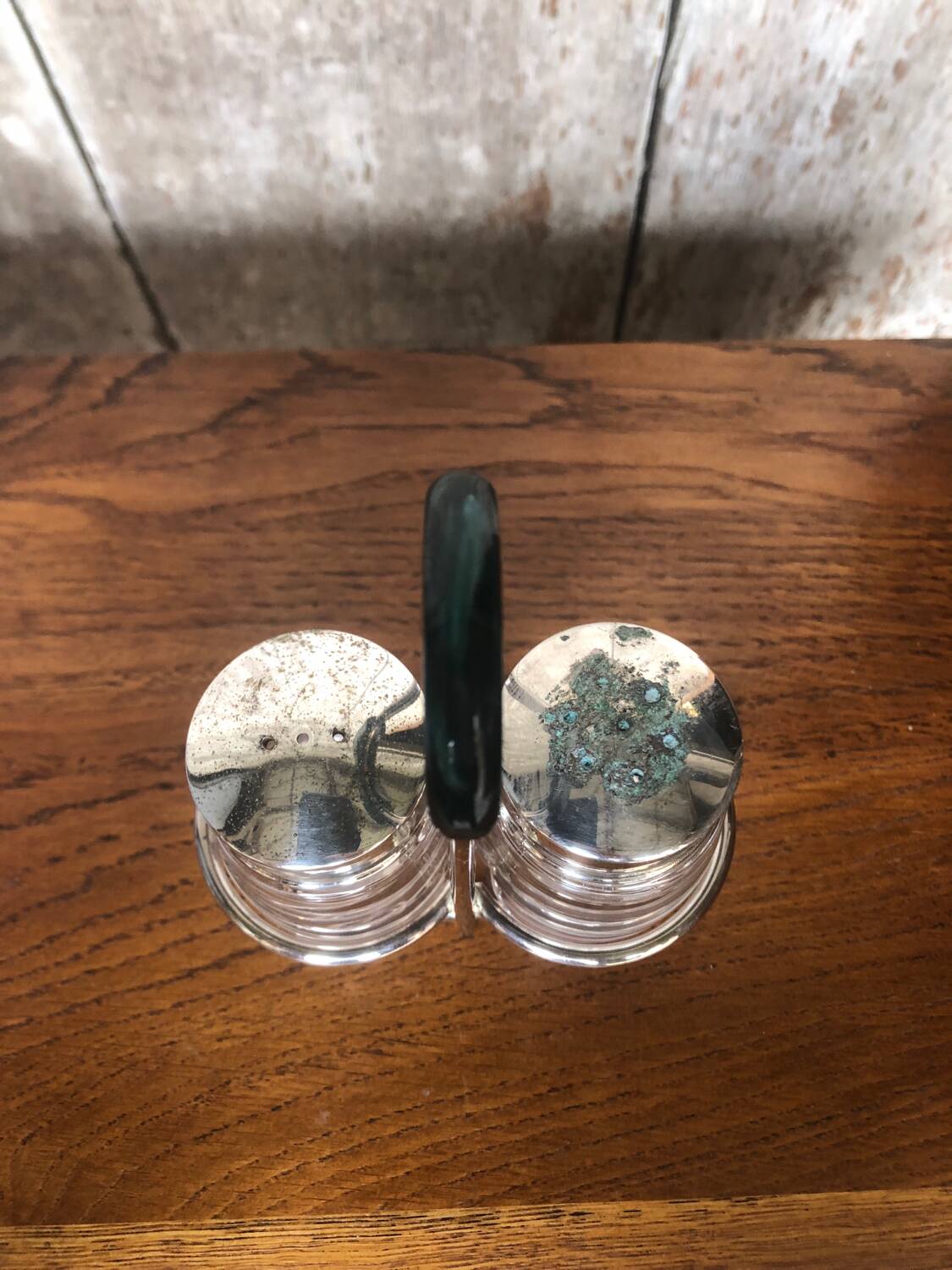 Old Service Salt Pepper Shaker Molded Glass + Vintage Silver Metal