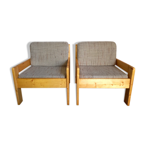 suite de 2 fauteuils vintage en pin et tissu années 70