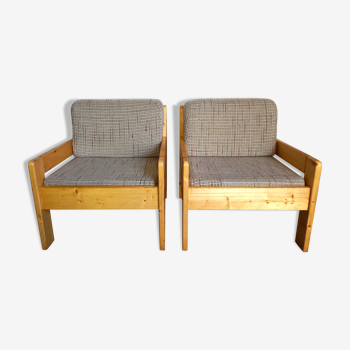 Suite of 2 vintage heaters armchairs in pine and fabric 70s