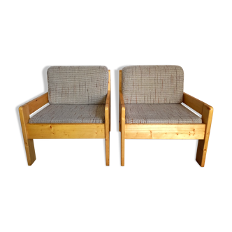 Suite of 2 vintage heaters armchairs in pine and fabric 70s