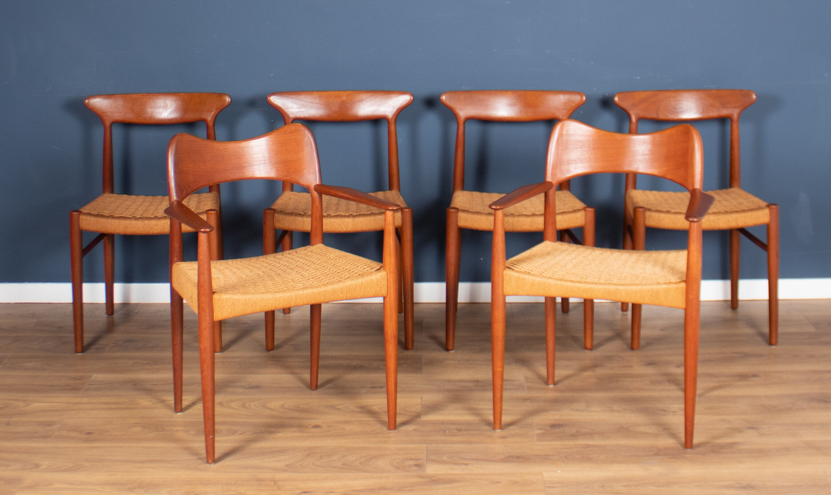 Retro 1960s set of six danish solid teak dining chairs papercord seats dyrlund arne hovmand olsens m