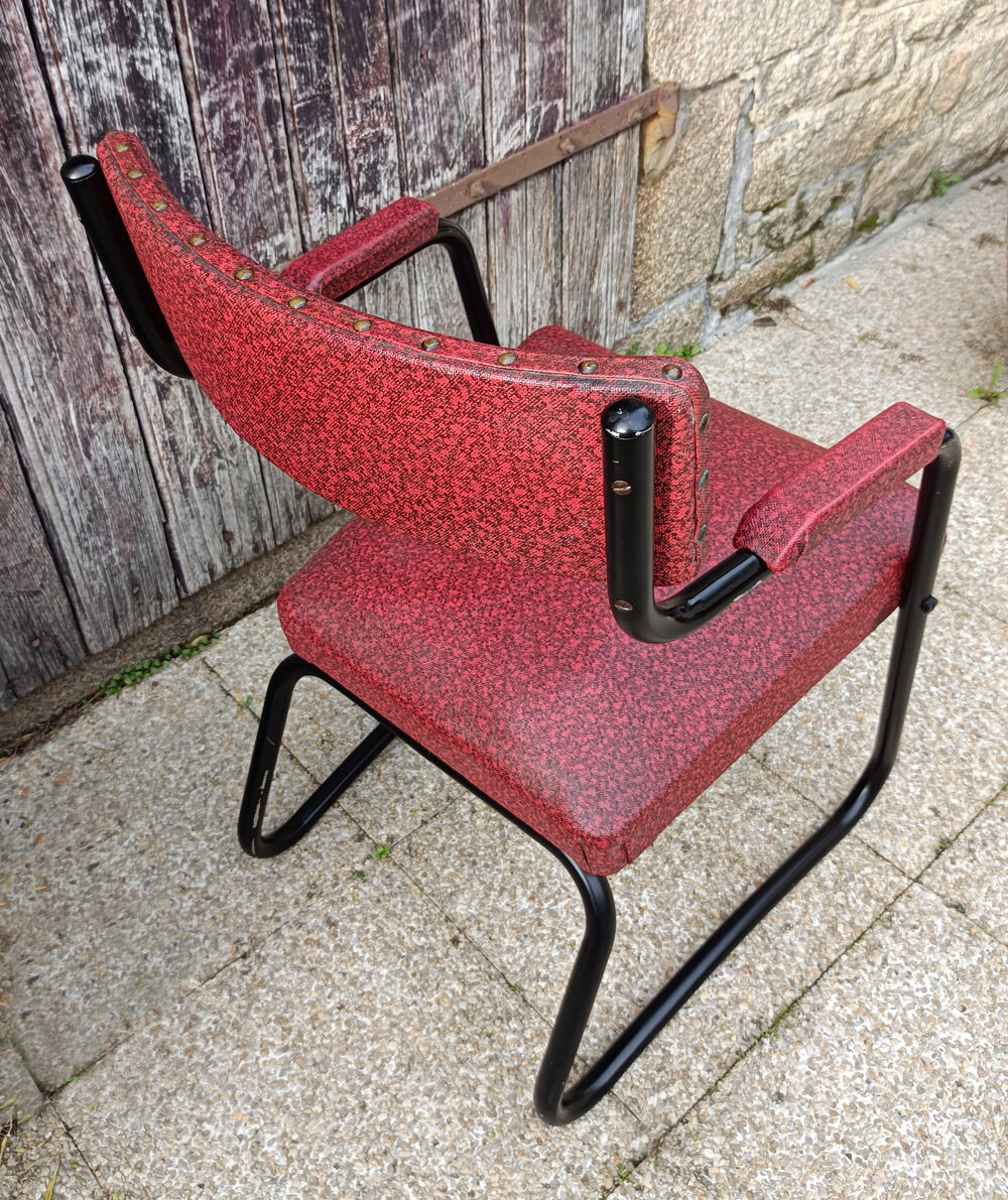 Design armchair, metal and red skai, vintage, 50s