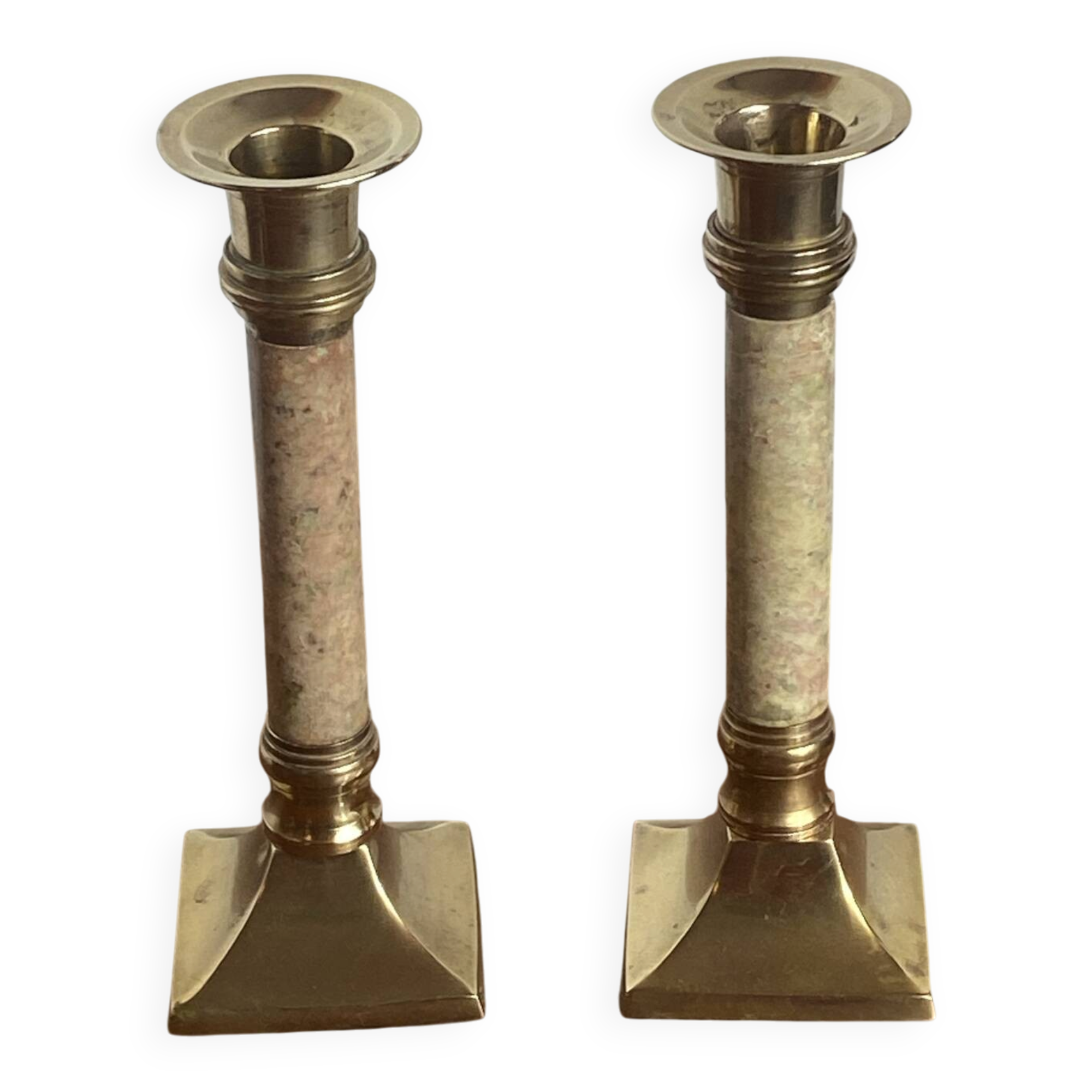 Pair of brass and stone candlesticks