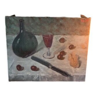 Still life painting with glass of wine .old