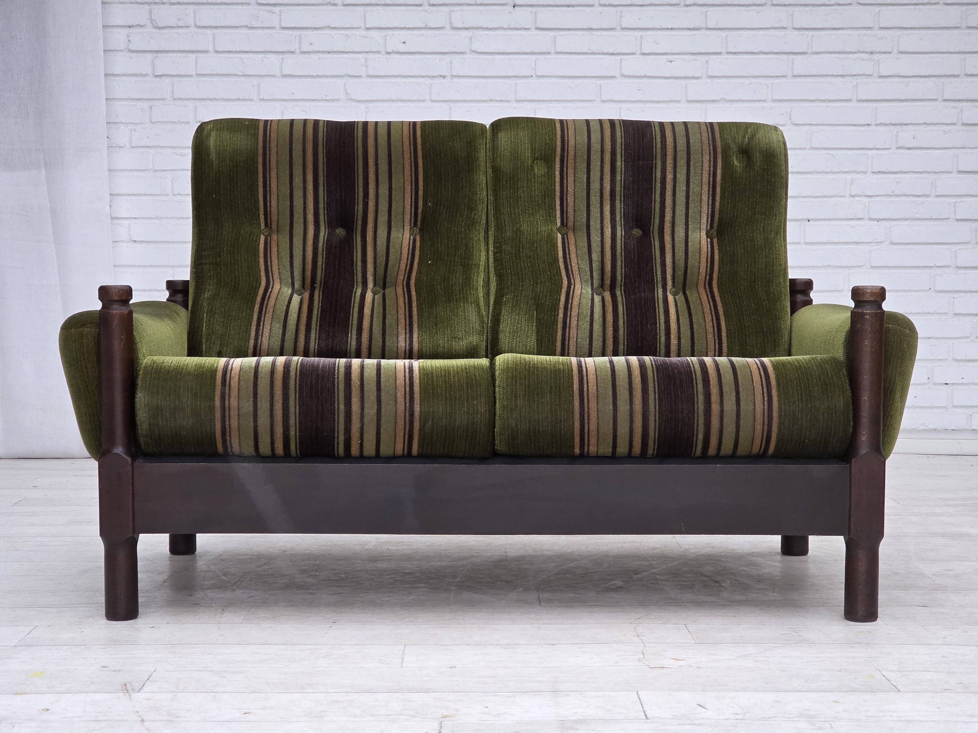 1970s, Scandinavian 2-seater sofa, green furniture velour, beech wood.