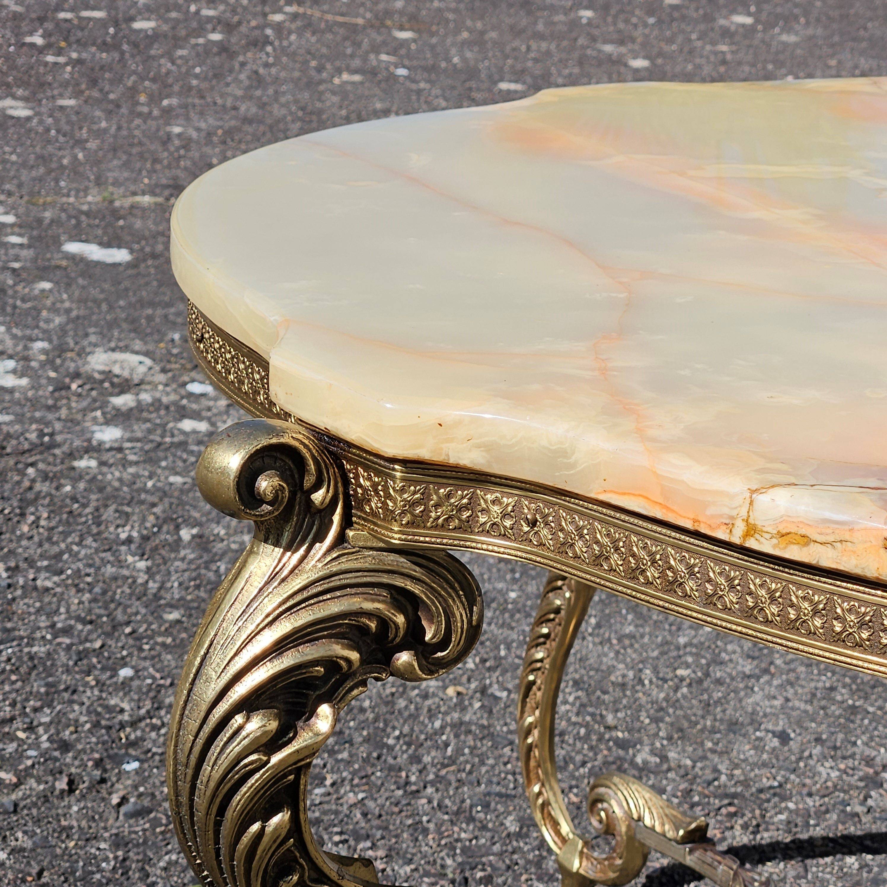 French Vintage Onyx Marble Bronze Coffee Table Style Louis XV 60s