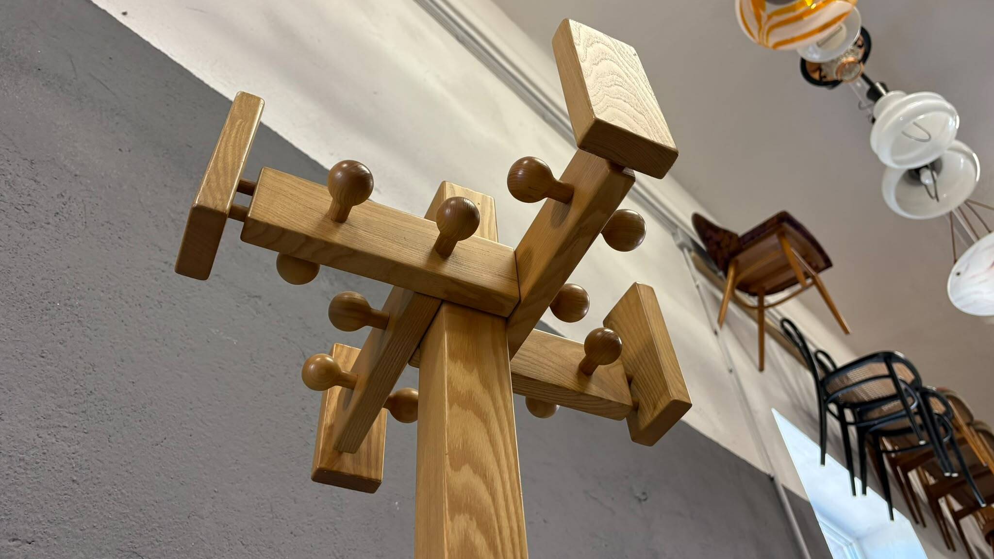 Freestanding mid-century pine coat rack, solid wood, 1970s, Europe