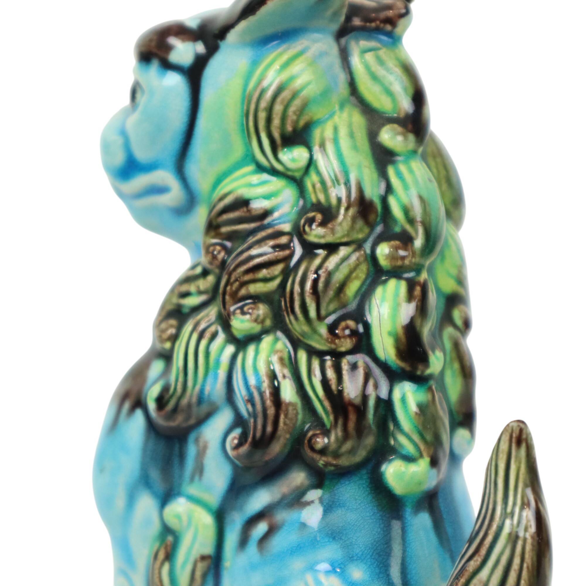 Vintage Chinese Komainu Guardian Lion Foo Dog Blue 19cm