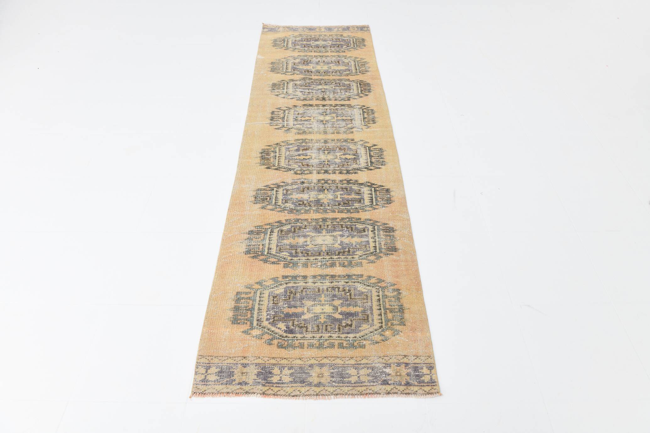 Faded Mustard Geometric Pattern Vintage Persian Runner Rug, 85x306 Cm