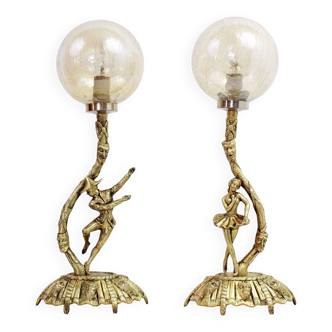 Paire de lampes Commedia Dell Arte en bronze et verre