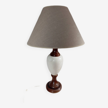 Table lamp with wooden and alabaster base, fabric lampshade