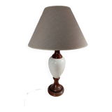 Table lamp with wooden and alabaster base, fabric lampshade