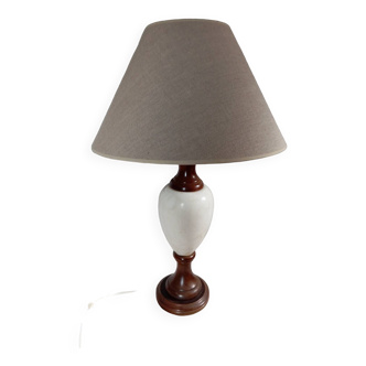 Table lamp with wooden and alabaster base, fabric lampshade