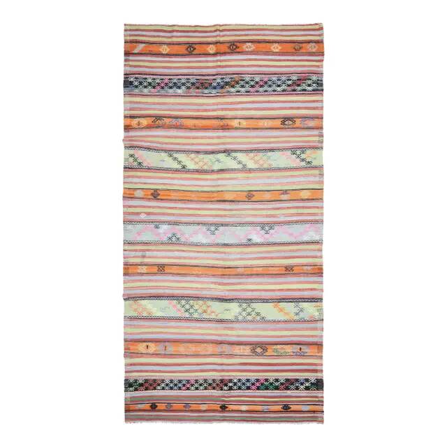 1970s Vintage Turkish Oushak Handmade Wool Cotton Beige Runner Rug  177x353