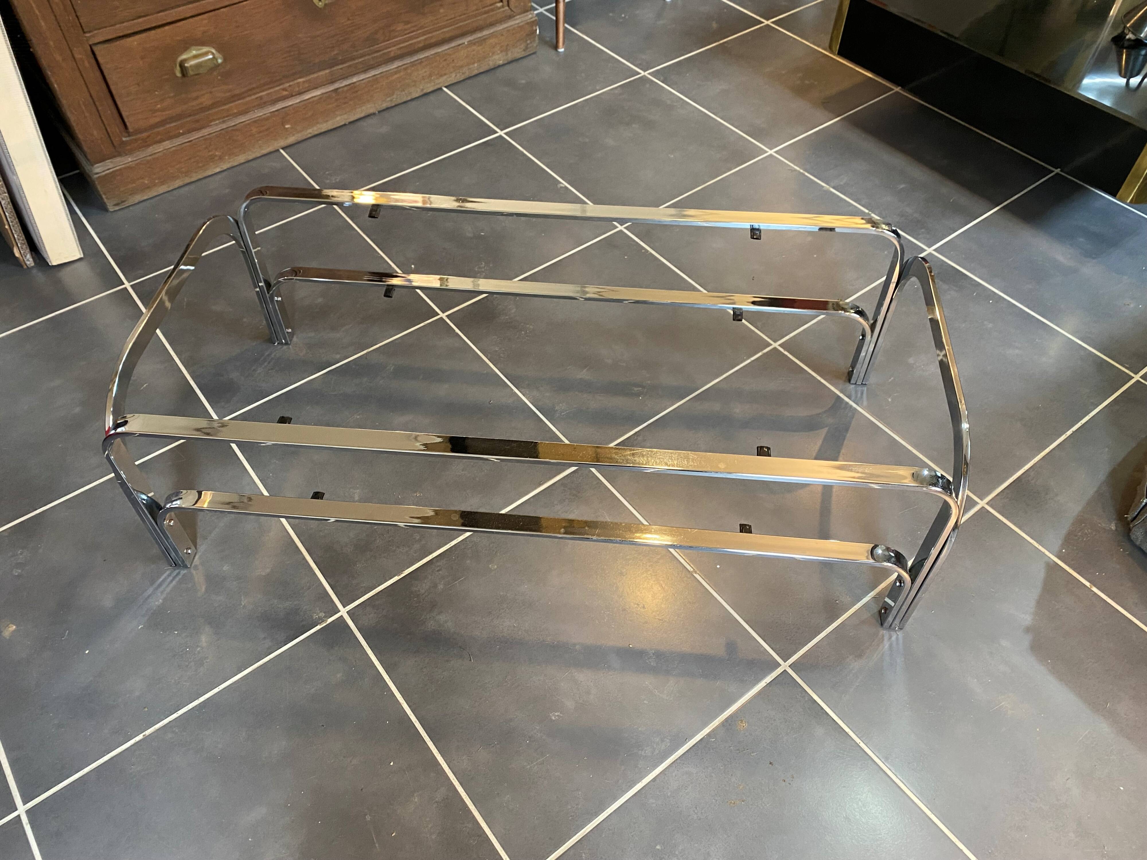 Table basse double plateau verre chrome style Bauhaus vintage 1970