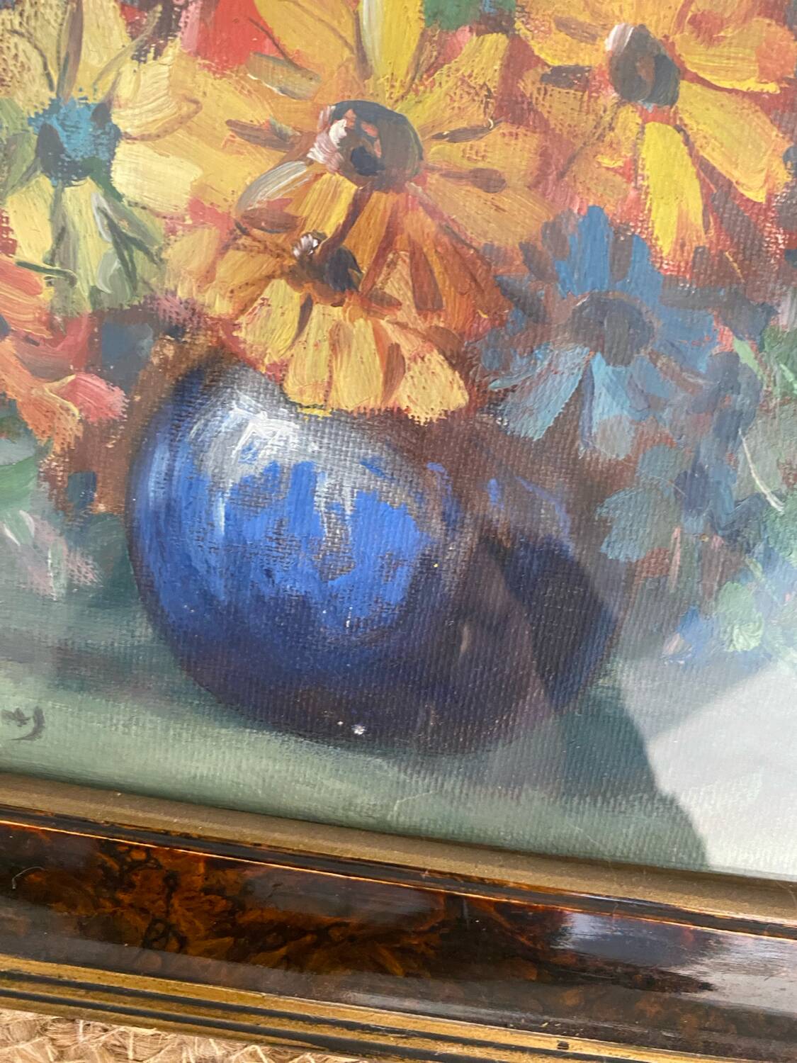 Painting on canvas, bouquet of flowers in a vase.