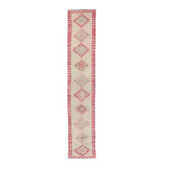 Pink Vintage Turkish Hand-Knotted Tribal Runner 74x391