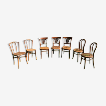 Lot of 7 bistro chairs wood and cannage Thonet 221, Fischel and EV