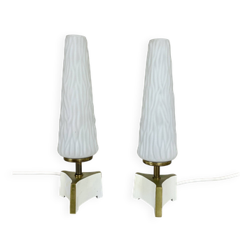 Set of 2 "cone" glass and brass table light, italy 1950s