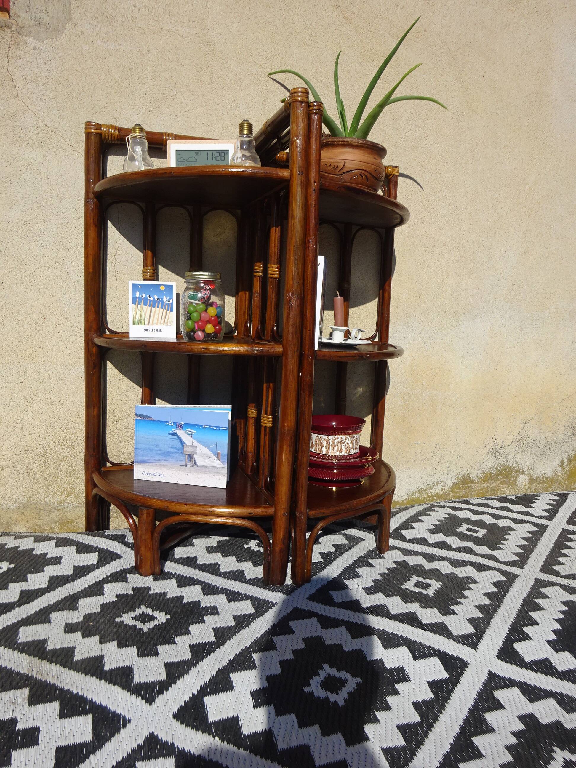 Rattan and bamboo bedside tables, both.