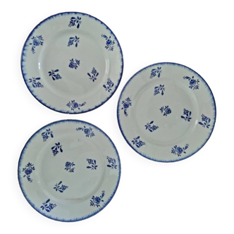 3 assiettes plates bleues Lunéville modèle Loire