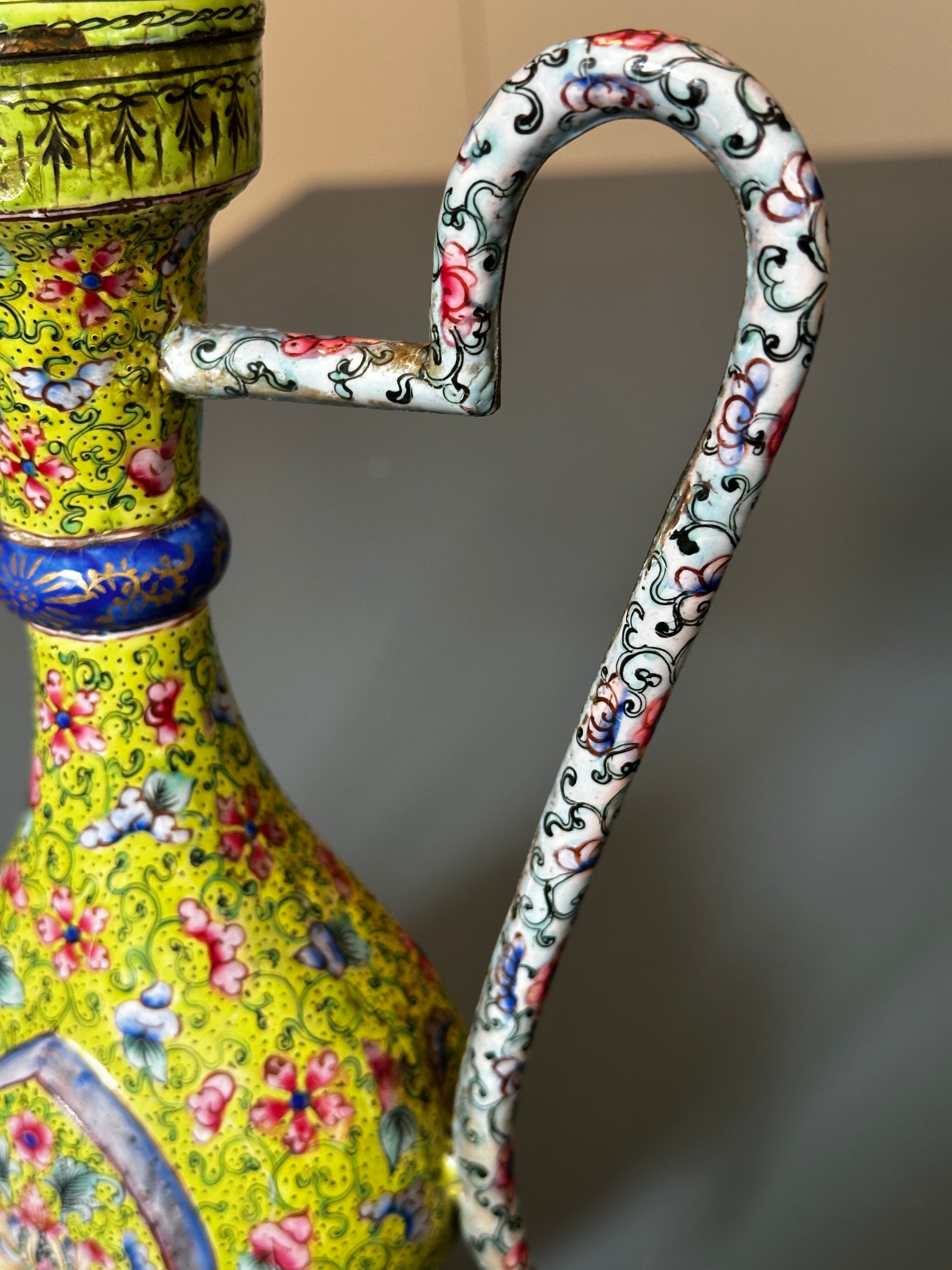 Chinese ewer in painted enamel on copper – floral decoration - Canton 18