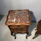 Pair of antique bedside tables with marble top and ceramic niche