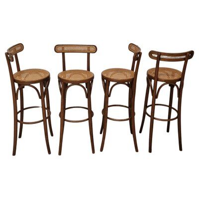 Set of 4 wooden French bar stools, 1980s