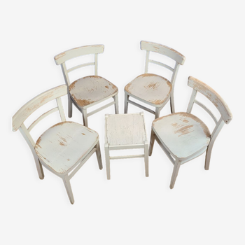 Set of 4 chairs and a white bistro stool circa 1950