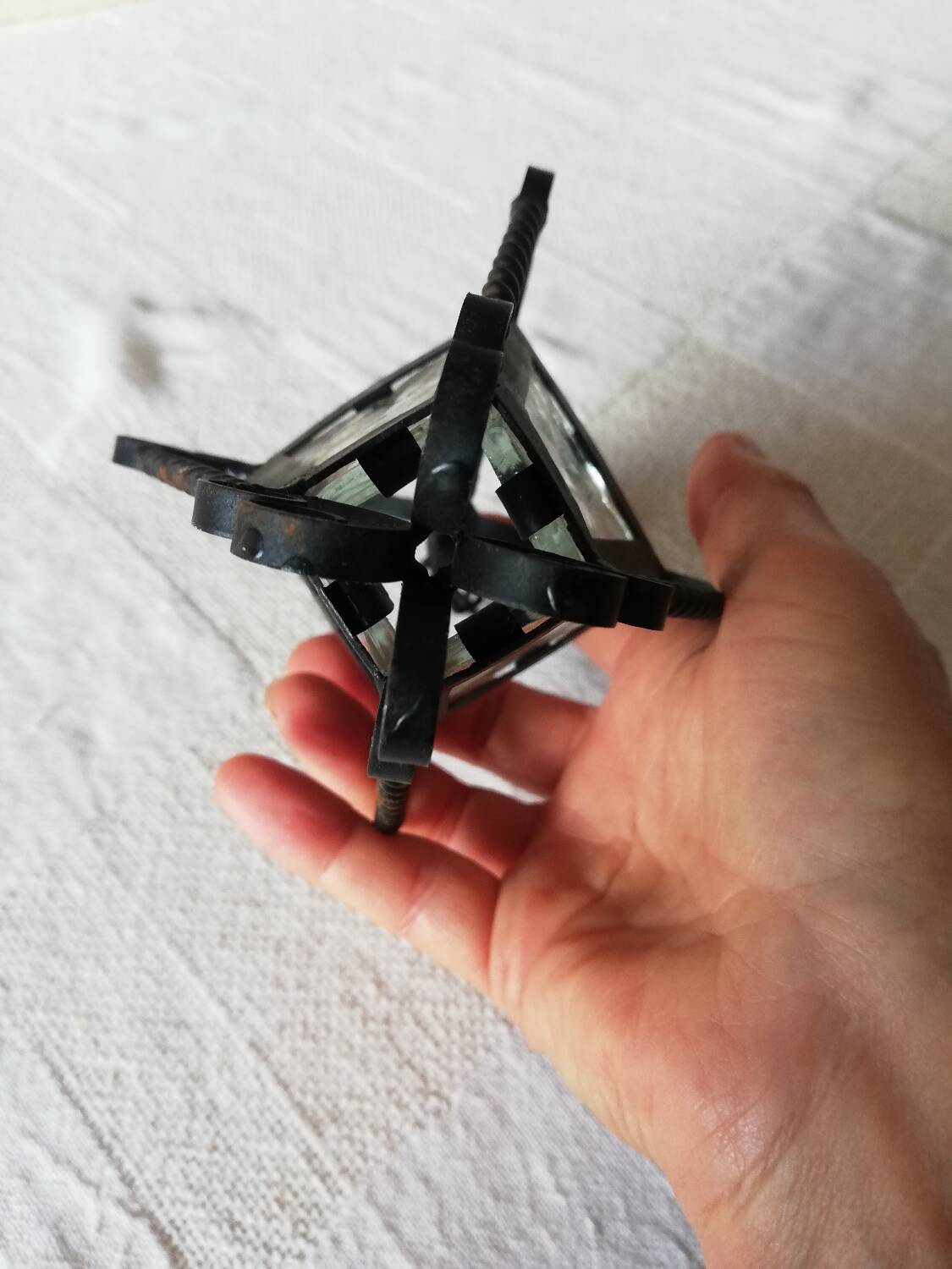 Small vintage wrought iron and glass lantern for dollhouse