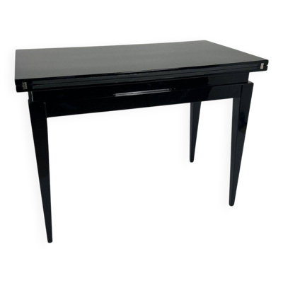 Table de jeux Art Déco en laque noire, cuir rouge et noir, France, années 1930
