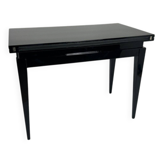 Art Deco Games Table in Black Lacquer, Red and Black Leather, France, 1930s