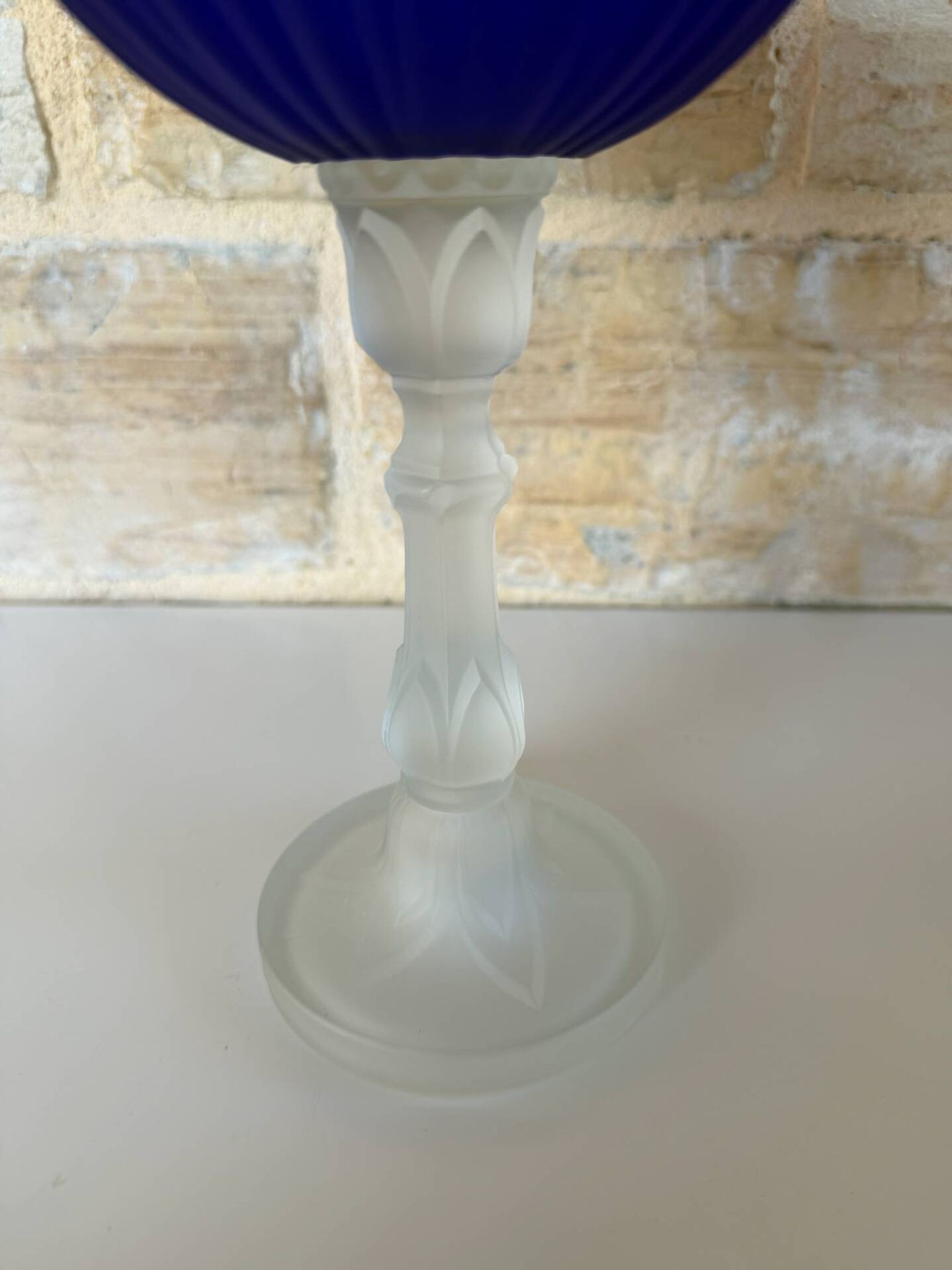 Large vintage Art Deco footed bowl – cobalt blue & frosted glass