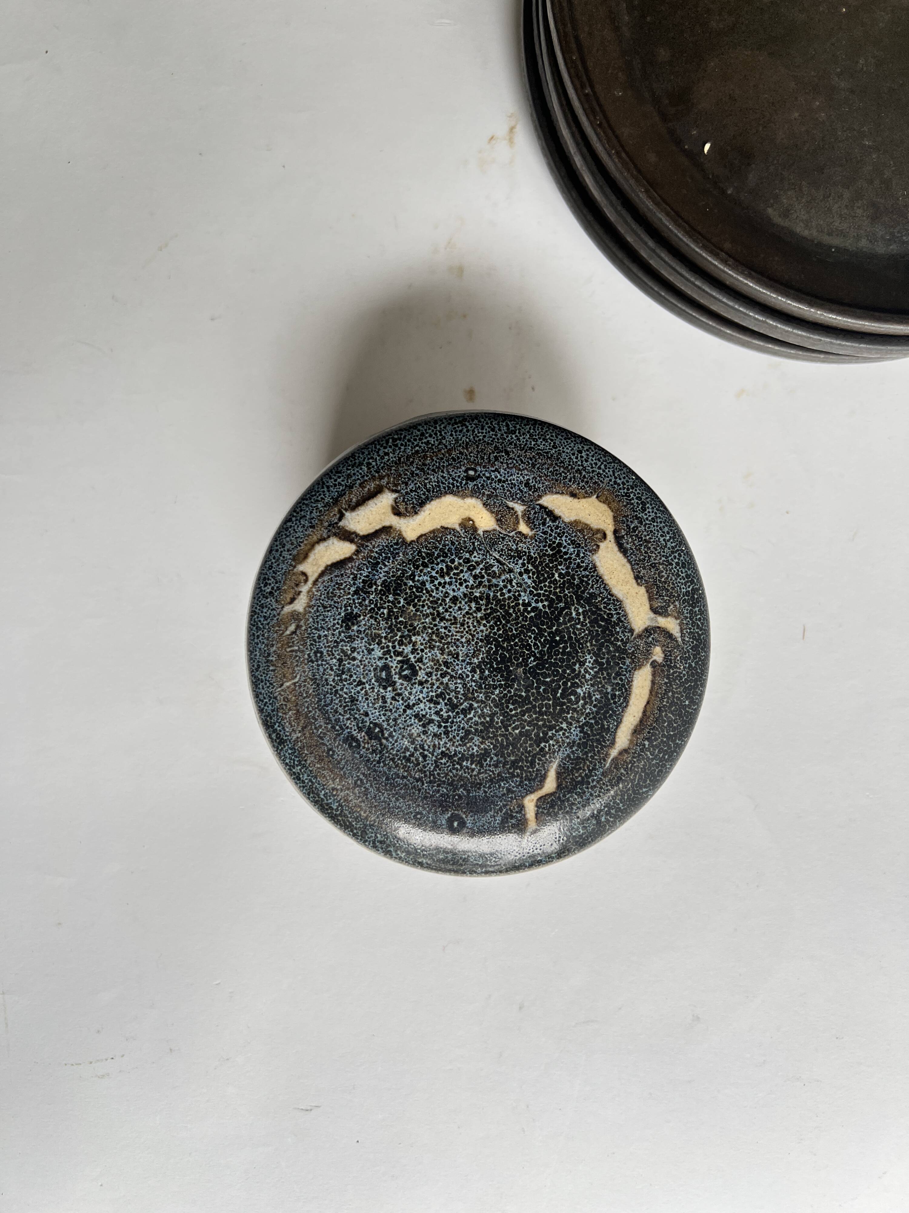 Deep blue glazed ceramic box, signed Abbaye Font Gombault, France