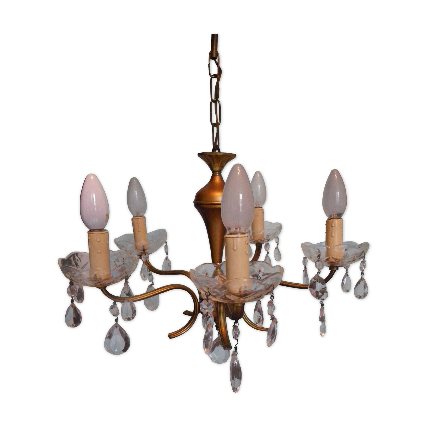 Suspension 5 lights, gold metal, glass cups with glass grapevines