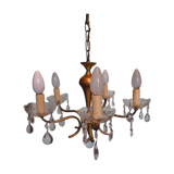 Suspension 5 feux, métal doré, coupelles en verre agrémentées de pampilles en verre