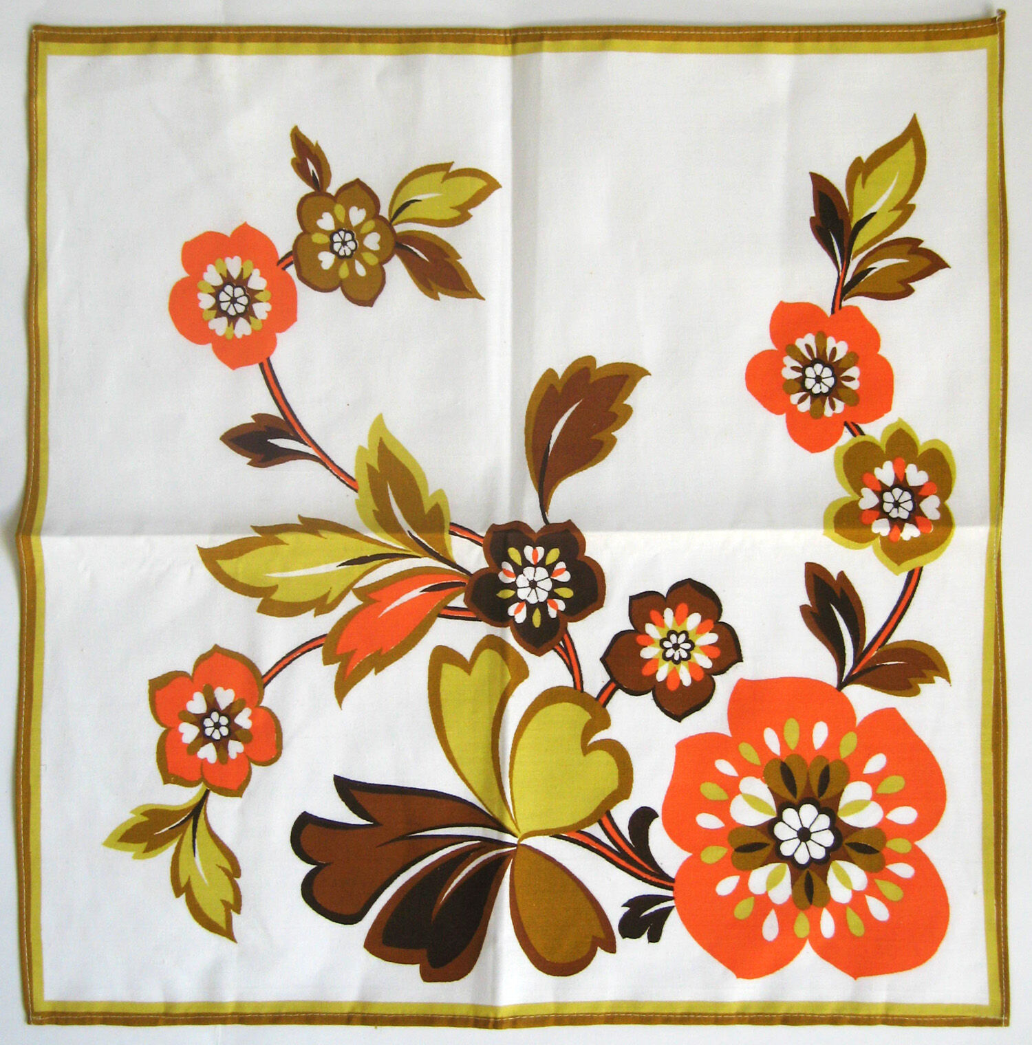6 cotton napkins, orange and brown flower patterns on a white background - vintage 70s