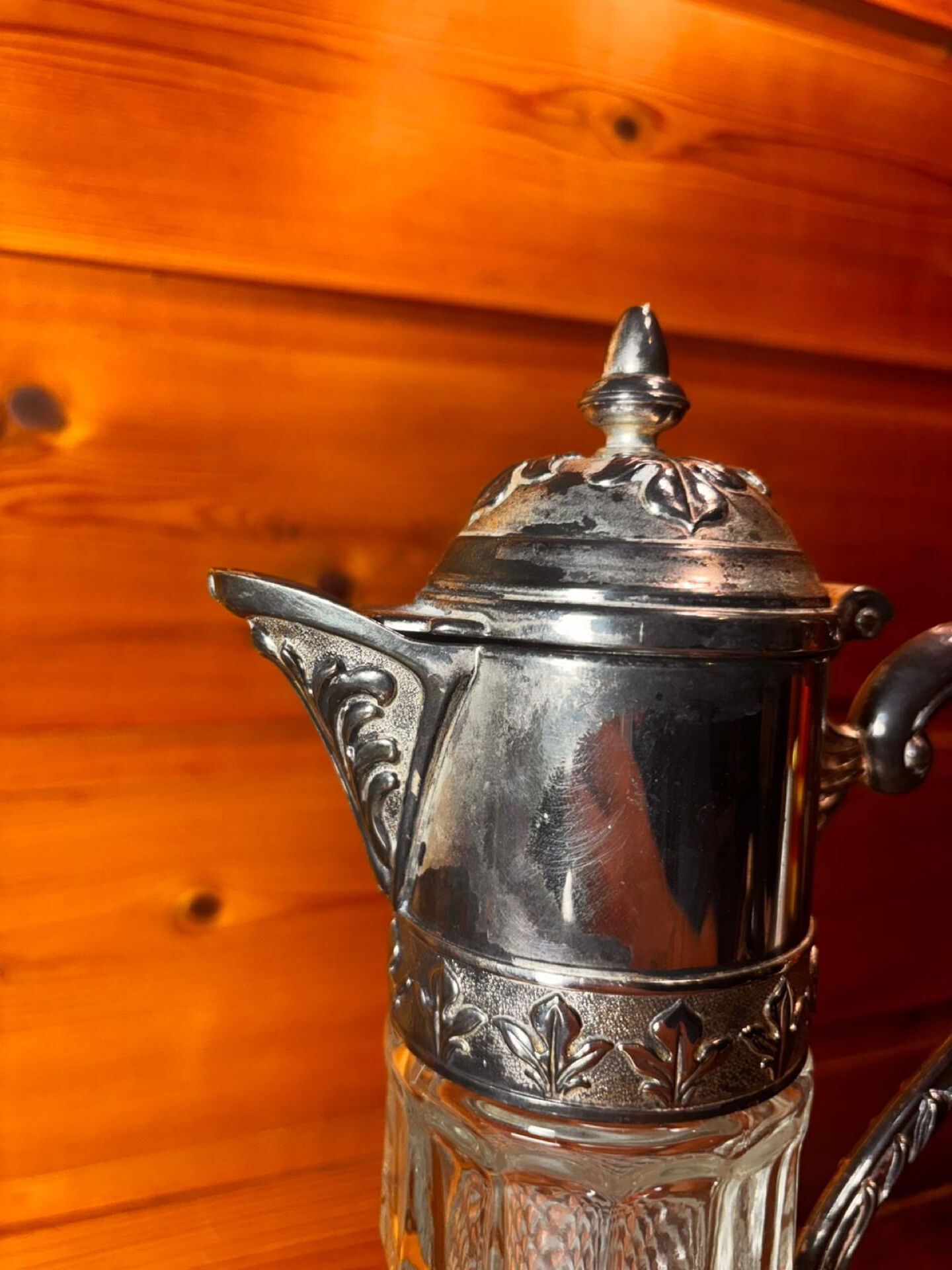 Beautiful moulded glass carafe jug, silver-plated mount, vintage.